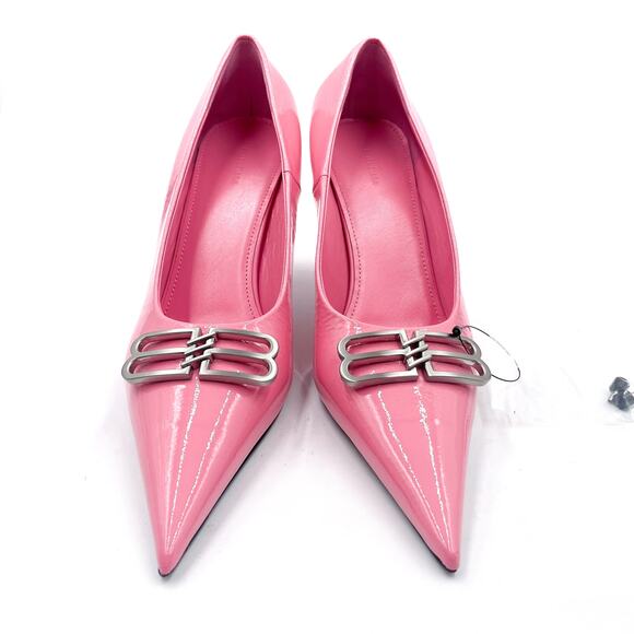 Balenciaga BB Square Knife Pumps Pink Patent Leather Pointed Tie Sz 38 / 8 - Picture 4 of 13